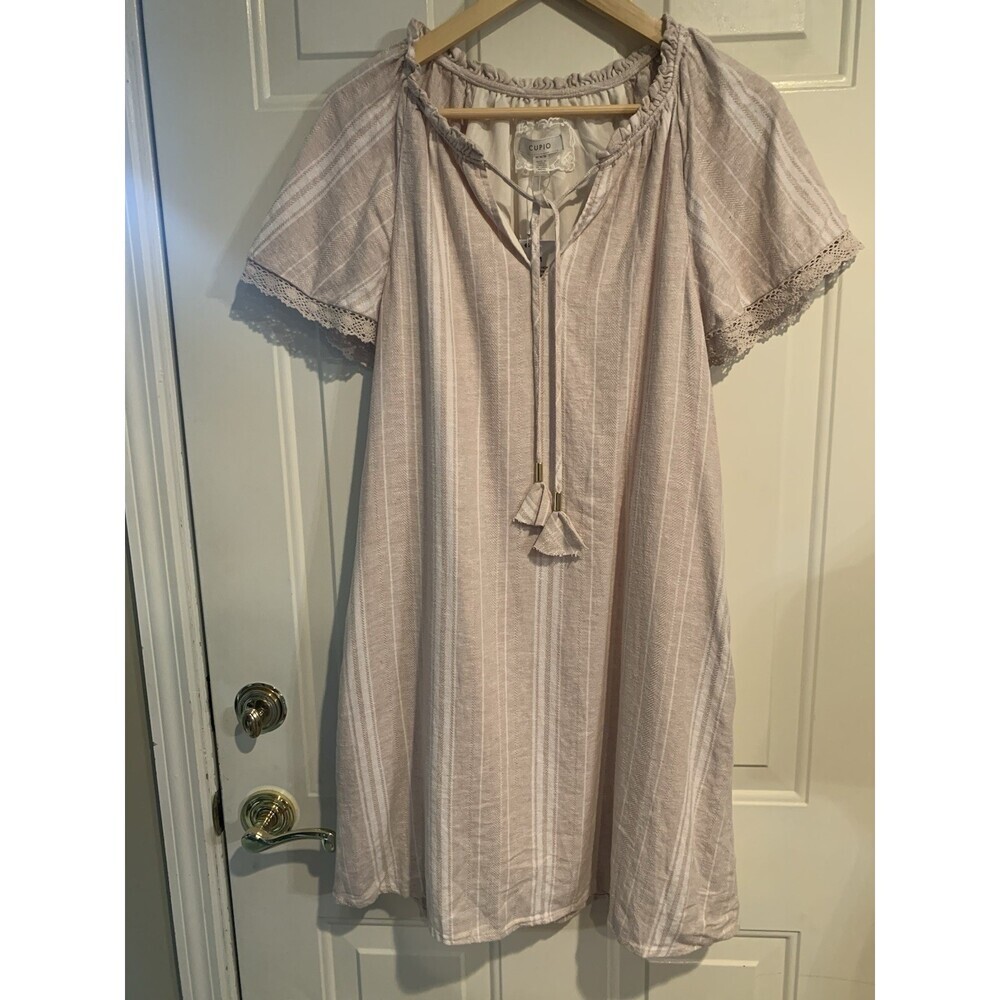 Cupio Tan/White Striped Linen Blend  Knee Length Dress Women’s Size Med Lined